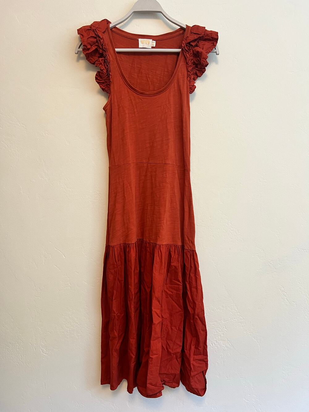 Nation LTD Everleigh Frilly Dress Midi Cayenne Orange Ruffle Sleeve Tiered XS